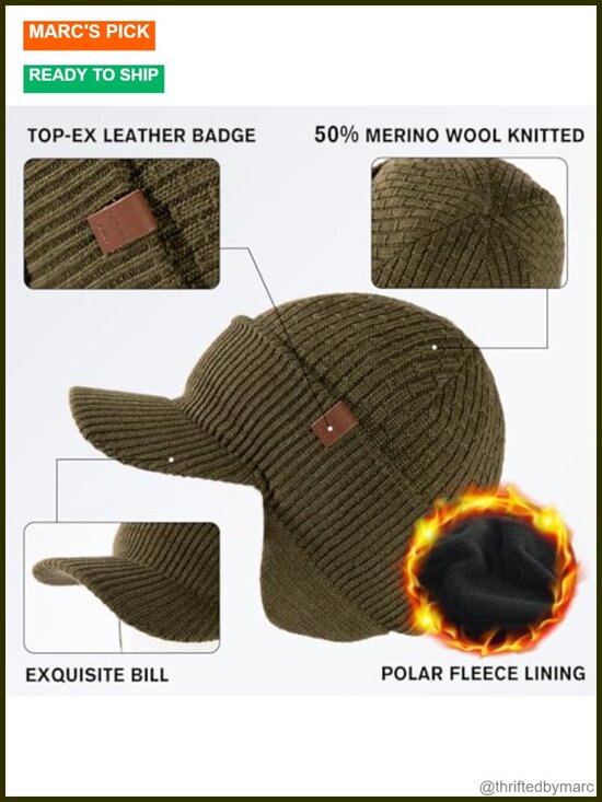 Waterproof Merino Wool Brim Beanie with Ear Flaps | Fleece Lined for Skiing & main image 6